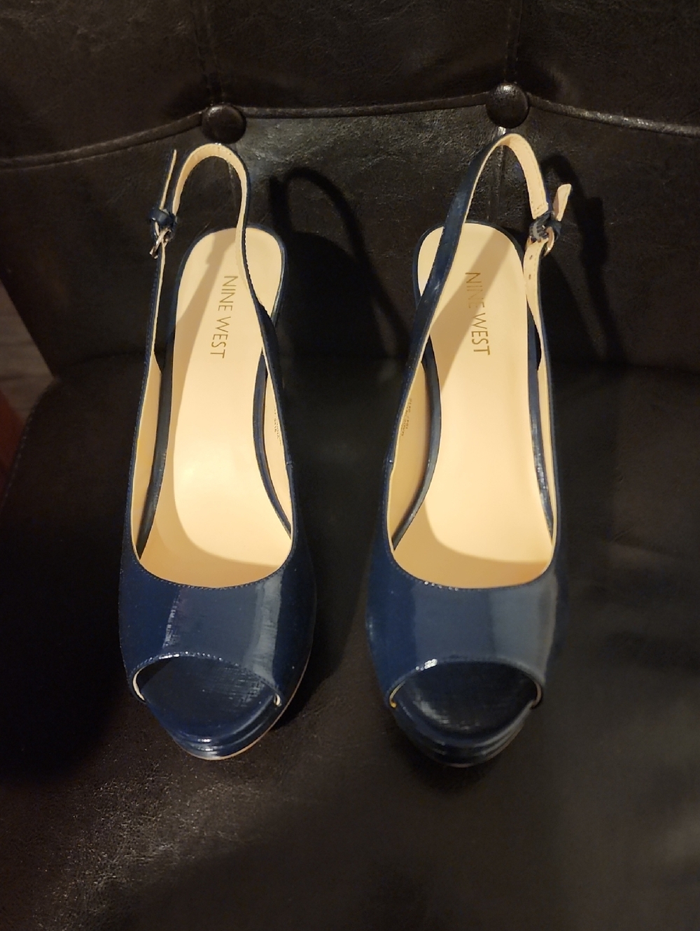 Nine West Navy Patent Peep-Toe Slingback Heels with Buckle